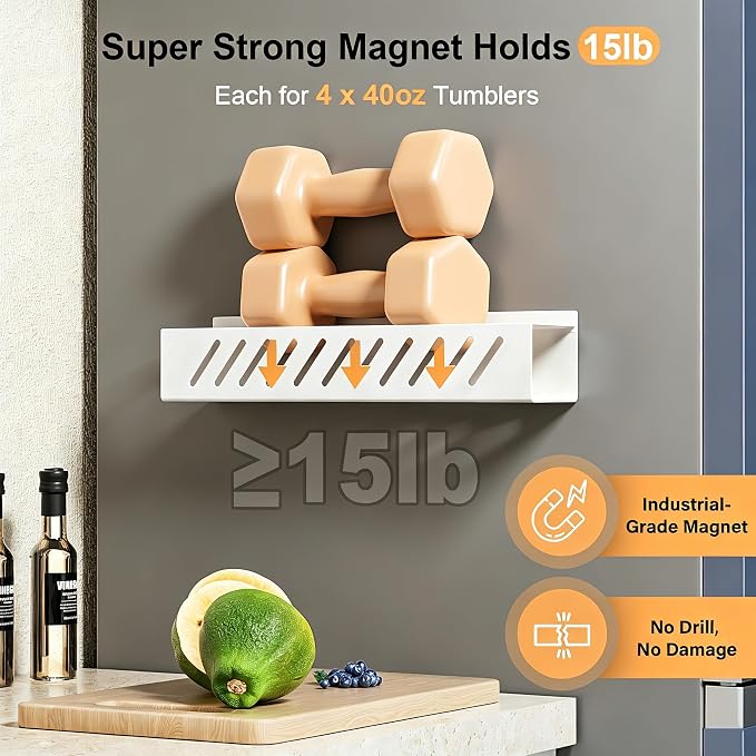 Magnetic Stanley Cup Holder for 8 Tumblers, Lid & Straw, 2-Pack, White | 2-pack magnetic holder for 8 Stanley 30/40 oz tumblers with lid & straw storage, secure fridge mount, white - Image 3
