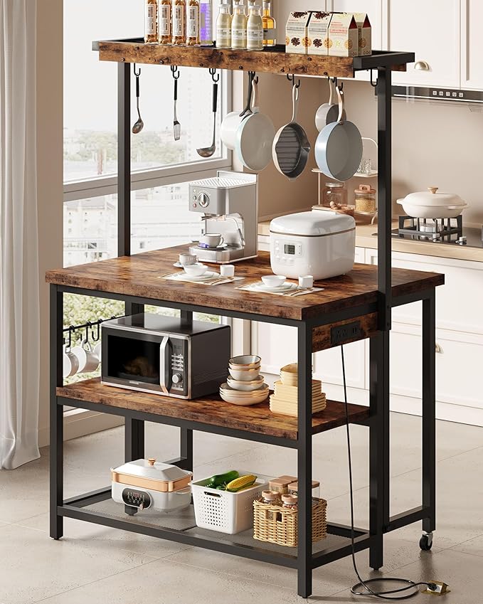 Kitchen Island with Power Outlet, Kitchen Island Table with Folding Top, Stationary Storage Islands, Coffee Bar with Outlets and USB Ports, for Dining Room, Rustic Brown and Black TZD01UBF by Choezon