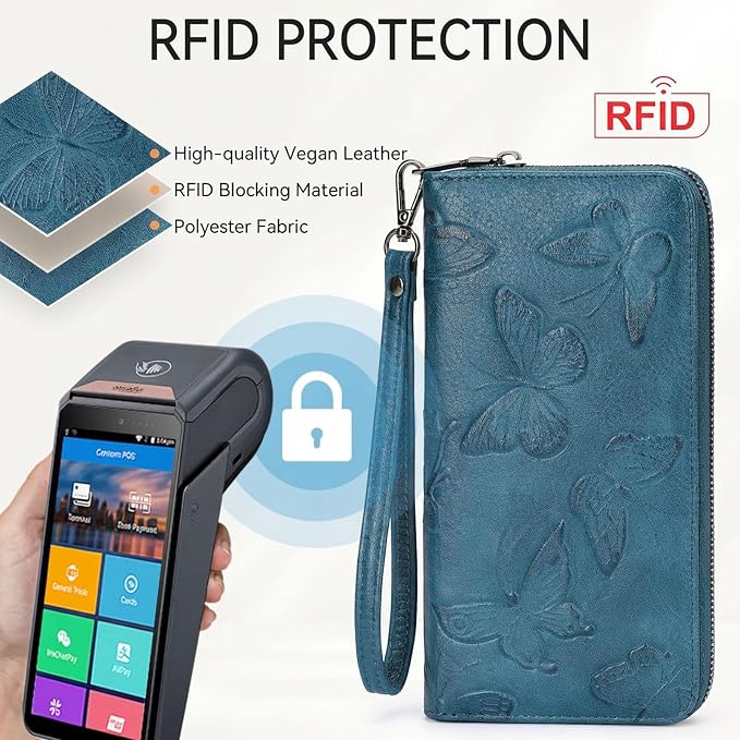 BELTANA Womens Wallet RFID Wallet Women with Passport Holder Butterfly Vegan Leather Multi Card Slots Wallets Large Capacity Wristlet Travel Purse for Women (Peacock-Blue) - Image 5