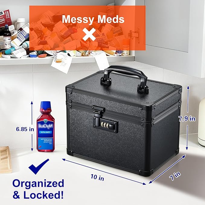 Lockable Security Storage Box - Shiny Black Safe Combination Lock Box, Cabinet Med Organizer, 10 x 7 x 7.9 Inches Safe Case for Documents, Valuables, Medicine & Money - Image 2