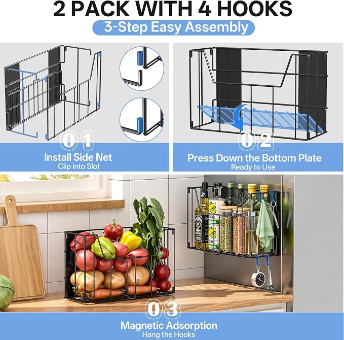 DTUQYX 2-Pack Magnetic Folding Storage Shelf, No Drill Heavy Duty Organizer with 4 Hooks Magnetic Basket Shelves for Laundry Kitchen RV Refrigerator Washing Machine Garage - Image 6