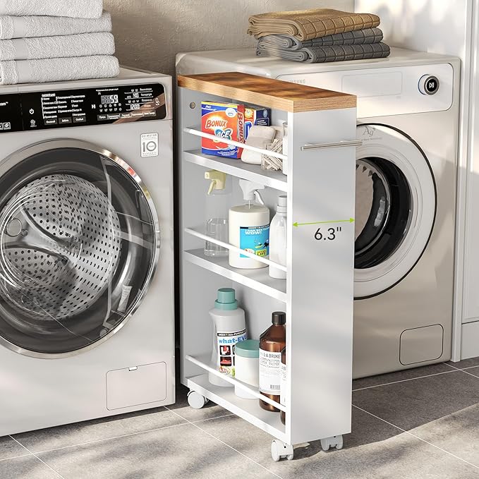 LITTLE TREE 4 Tier Rolling Cart with Wheels, 6.3 Inch Slim Storage Cart, Wooden Snack Cart with Narrow Shelf, White Laundry Room and Bathroom Organizer Shelves - Image 4