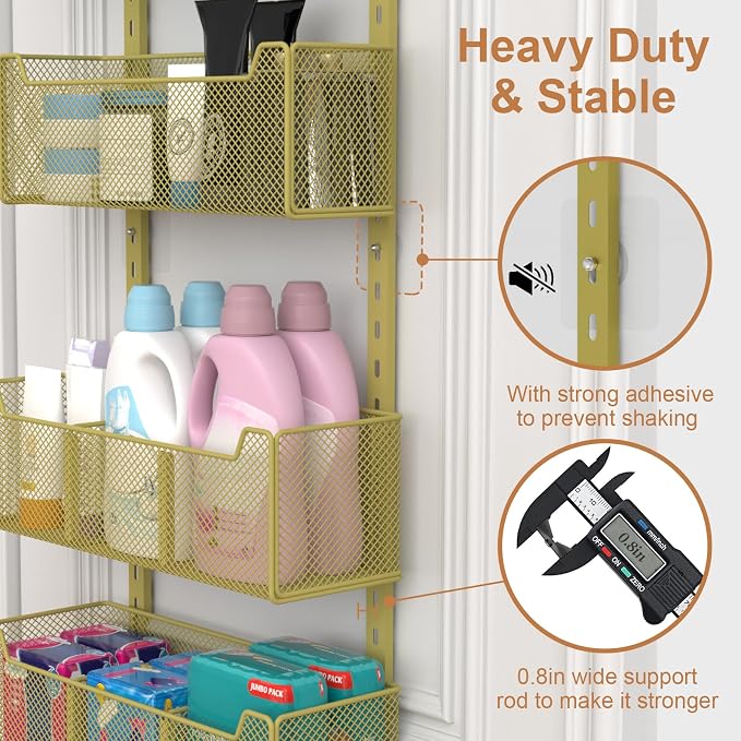 VyGrow Over The Door Organizer, Metal Door Organizer Hanging with 5 Adjustable Baskets and Coat Hook, Behind The Door Storage for Bedroom Closet Bathroom Pantry Cabinet Kitchen, Gold - Image 7