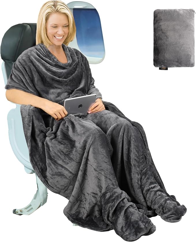 Tirrinia Travel Portable Blanket with Feet Pocket Airplane Office Poncho 4 in 1 Zippered Front Pocket Premium Cozy Fleece Blankets with Built-in Bag by Tirrinia