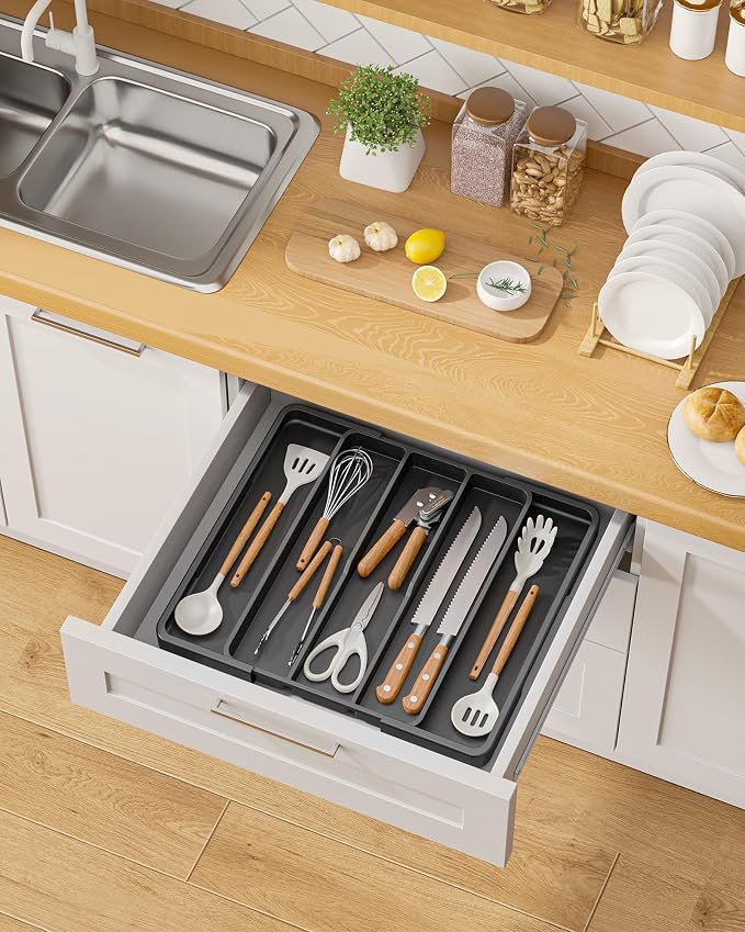 Aujen Silverware Drawer Organizer, Adjustable Utensil Cutlery Tray | Expandable Kitchen Organizer for Forks Knives, Multipurpose Kitchen Storage, Apartment Essentials, Black, X-Large - Image 8