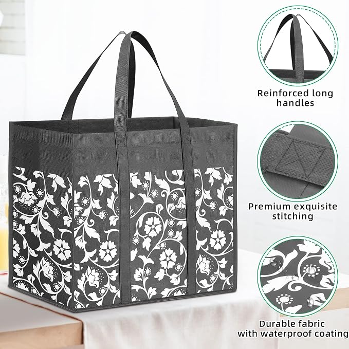 Reusable Grocery Bags Foldable Tote Bags Bulk Shopping Bags 4-Pack, Grey | Reinforced Handles Shopping Bags for Groceries Heavy Duty Kitchen Reusable Grocery Bags with Waterproof Coating - Image 6