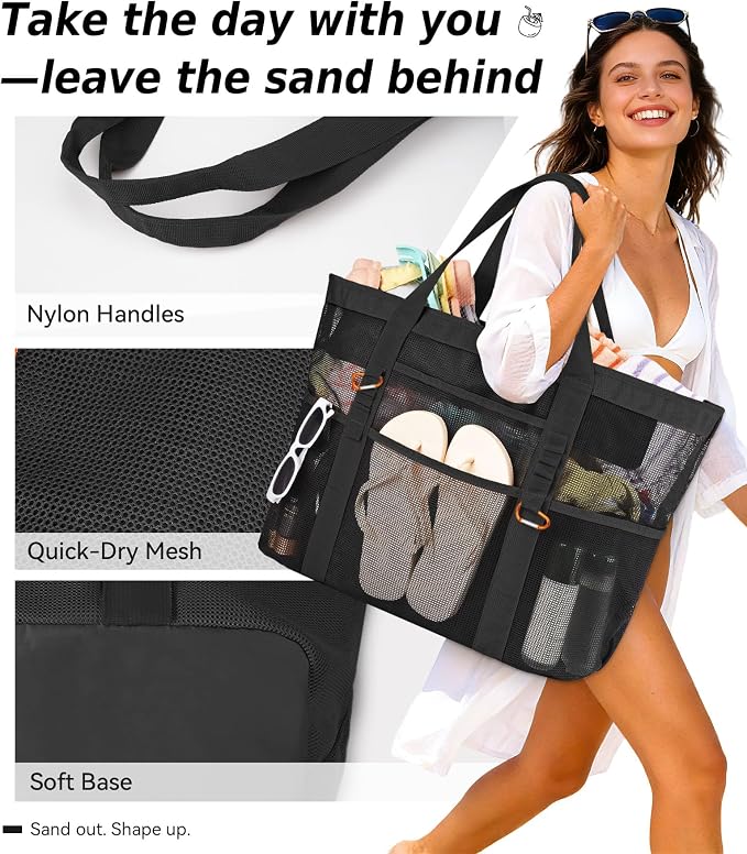 Chic Cruise Essentials Beach Bag for Women, Large Zip Top Tote, 11 Pockets | 40L+ Spacious;Mesh × Canvas;Zipper Pouch;Secure Zip-Top;Sand-Resistant Base - Image 6