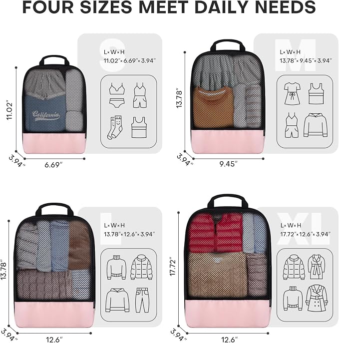 4 PCS Set Compression Packing Cubes for Travel, Lightweight Packaging Organizer Bags for Carry On Space Saving, Travel Essentials Cubes for Suitcase Backpack, Pink - Image 2