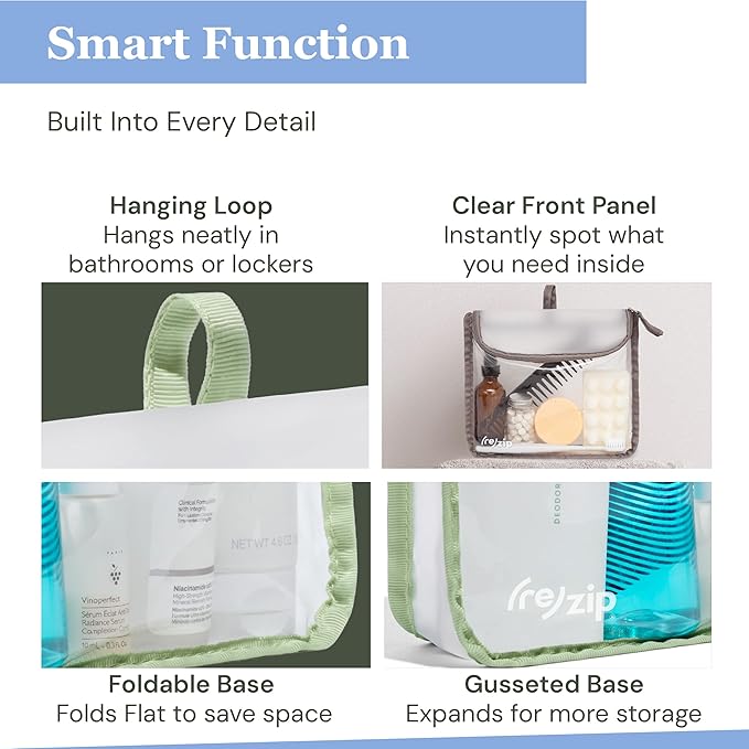 (re)zip TSA Approved Travel Toiletry Bag with Hanging Loop, Travel Quart Bag– Reusable Clear Makeup bags with zipper, Clear Pouch for Travel Essentials, Cosmetic | BPA-Free, Machine Washable - Sage - Image 4