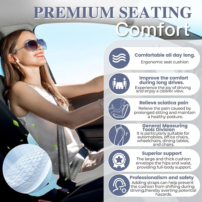 Memory Foam Seat Cushion for Sciatica & Back Pain Relief - Ergonomic Chair Pad with Adjustable Strap & Supportive Comfort Cover, Non-Slip for Car, Truck, Office Chair - Blue - Image 6