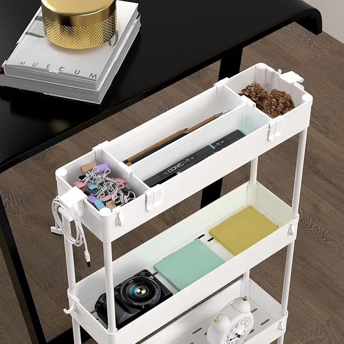 Slim Storage Cart 4 Tier,Bathroom Organizer Rolling Utility, Mobile Shelving Unit Slide Out for Office, Kitchen, Laundry Room & Narrow Places,White - Image 4