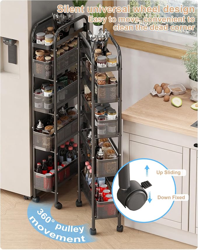 UMDONX 5-Tier Narrow Mobile Storage Cart with Pull-Out Baskets | The Multifunctional Pull-out Storage Rack Is Suitable for Bathrooms, Kitchens, and Laundry Rooms - Image 6