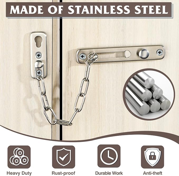 Alise Chain Door Guard Lock，Door Chain Locks with Safety Spring Anti-Theft Press Latch,Chain Locks for Inside Door and Extra Front Door Lock, Brushed Nickel(2 Pack) | Stainless Steel,Door Chain Lock Guard with Spring Anti-Theft Press Button,Door Lock L... - Image 2