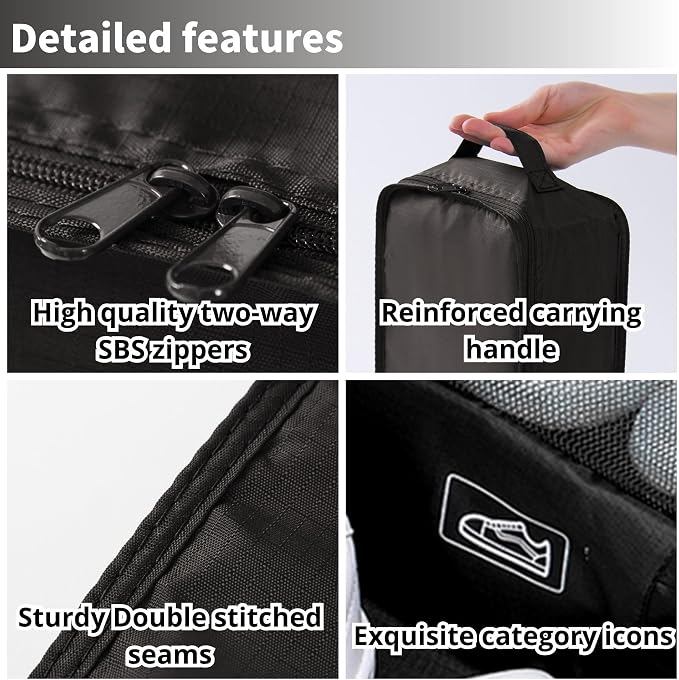tianzong Travel Shoe Bag with Handle Holds 2 Pairs of Shoes, Shoe Packing Cubes for Travel (Black, 2 Pack) - Image 4