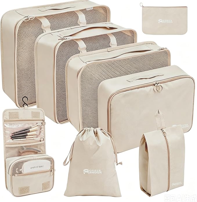 8 Set Packing Cubes for Travel Essentials With Hanging Toiletry Bag for Women, Lightweight Suitcase Organizer Bags with Mackup bag, Carry-On Luggage Accessories (Beige) by GRASSBROOK
