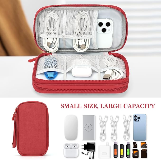 FYY Electronic Organizer, Travel Tech Pouch Bag, Medium, Red | Wrist Strap, Waterproof, Double Layers Portable Electronics Travel Carrying Case for Cord, Charger, Daily Business Trips Use - Image 6