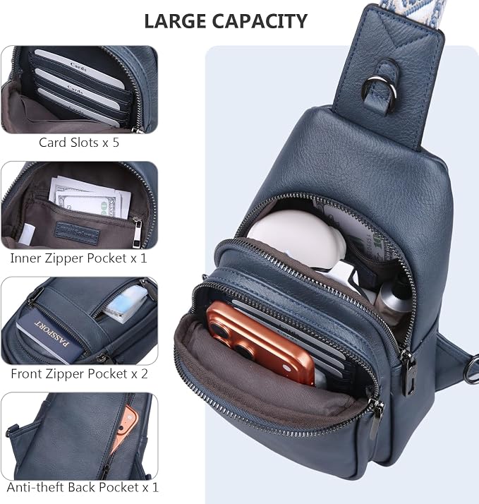 Anti-theft Sling Bags Women Small PU Leather Chest Fanny Pack | RFID Blocking,Safety Zipper,5 Card Slots,Adjustable Strap,Large Capacity,Multi Pockets,Faux Leather,Daypack,Bum Bags,Travel - Image 7