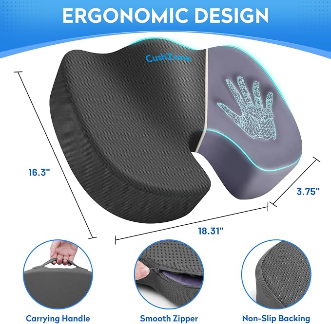 CushZone XL Memory Foam Seat Cushion for Office, Car & Wheelchair, Gray | U-shaped Coccyx Cutout, Contoured Design, Breathable Removable Mesh Cover, Non-Slip Base, Carry Handle - Image 4