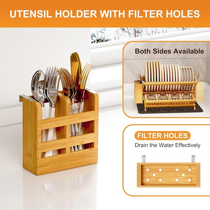 Greenual Bamboo Dish Drying Rack with Utensil Holder, 2 Tier Collapsible Dish Rack, Wooden Dish Racks for Kitchen Counter, Folding Drying Holder with Absorbent Dish Drying Mat - Image 3