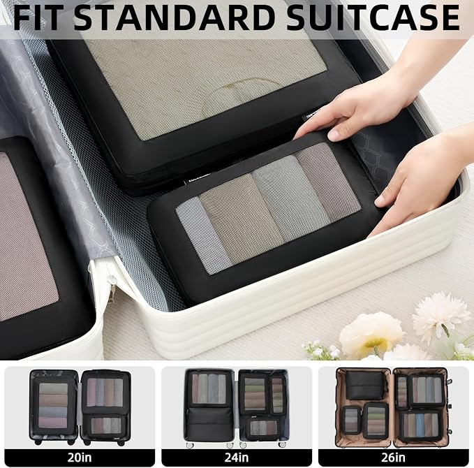 BAGAIL 4 Set/6 Set/8 Set Compression Packing Cubes Travel Accessories Expandable Packing Organizers (Square Mesh, 05-Jet Black) - Image 6