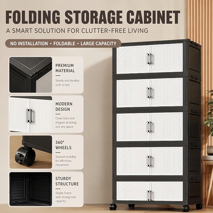 3 Tier Foldable Storage Cabinet with Wheels and Magnetic Doors | Premium PP Material Large Storage Organizer, Space-Saving Utility Storage for Home, Apartments, Dorm, Office, Rv - Image 6
