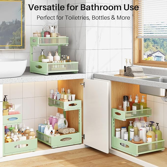 Under Sink Organizer, 2 Tier Pull Out Under Cabinet Organizer Shelf with Pad for Framed Cabinets, Metal Slide Out Under Sink Storage, Mesh Sliding Drawers for Kitchen Bathroom Laundry(Green, 1 Pack) - Image 9