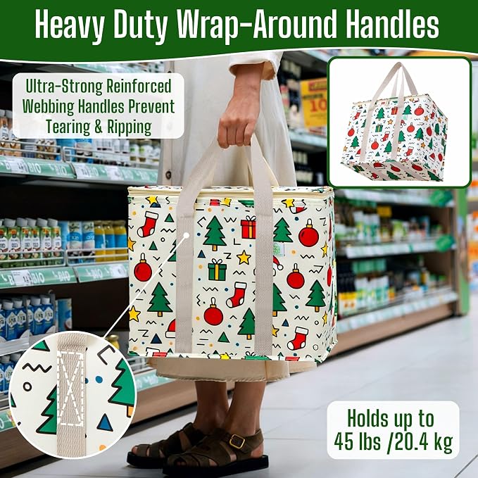 VENO 2 Pack Insulated Cooler Bag for Food Delivery, Reusable Grocery Bag | Heavy Duty Large Collapsible Cooler Shopping Tote w/ Zippers, Foldable, Stands Upright for Camping Picnic(Jingle Mix, 2 Pack) - Image 3