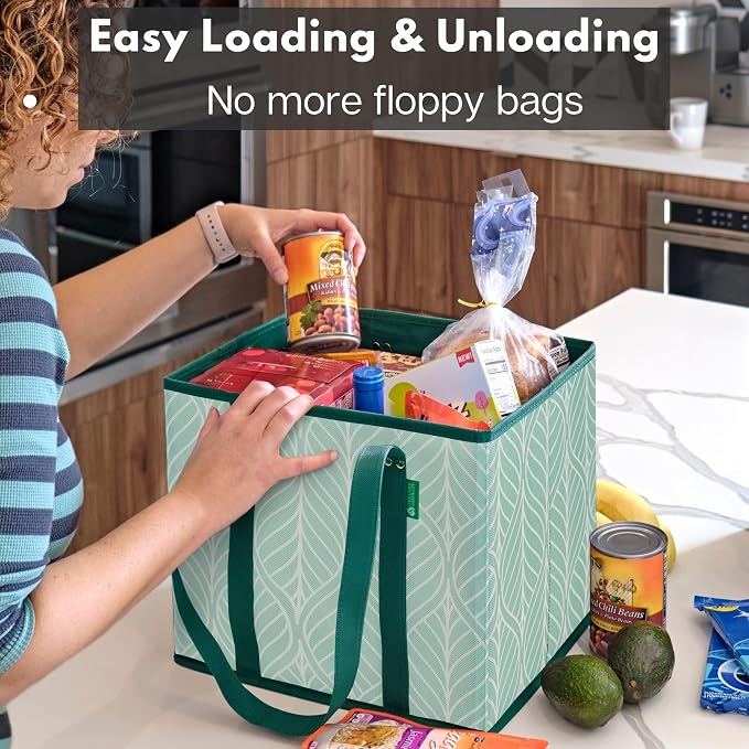 Reusable Grocery Bags (3 Pack) – Heavy Duty Reusable Shopping Bags for Groceries with Box Shape to Stand Up, Stay Open, Fold Flat – Large Tote-Bag is Foldable with Long Handles & Hard Bottom (Green) - Image 8
