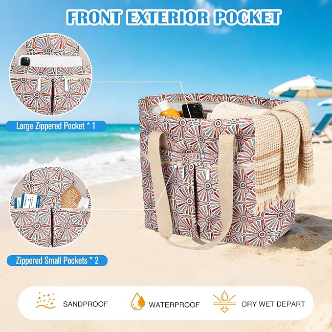 HUANLANG Large Beach Bags for Women Pool Bag with Zipper, Waterproof Sandproof Beach Tote Travel Bag with Wet Pocket - Image 3