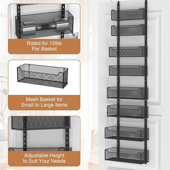 VyGrow Over The Door Organizer, 8-tier Metal Door Organizer Hanging with Adjustable Baskets, Behind The Door Storage for Bedroom Closet Bathroom Pantry Cabinet Kitchen, Black - Image 6