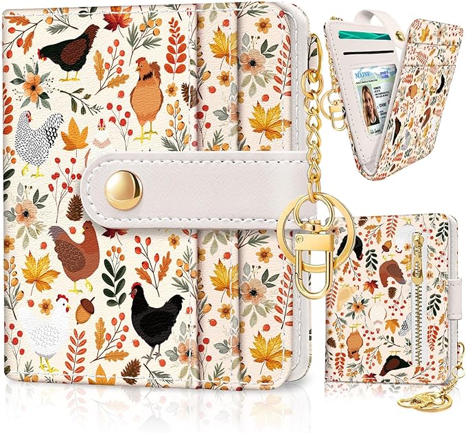 Jogjam Chicken Leaves Rfid Women Wallet, Small Slim Credit Card Holder | PU Leather Bifold Cash Zipper Coin Pocket ID Window, for Female Ladies Teen Girls Girly Gifts by Jogjam