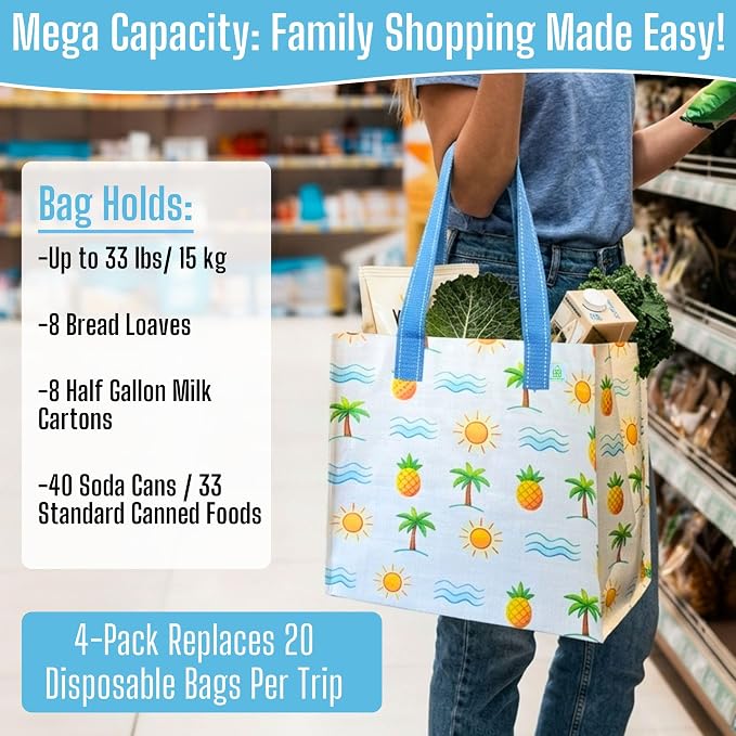 VENO 4 Pack Large Grocery Bag Reusable Shopping Bags with Hard Bottom | Utility Tote w/ Reinforced Handles, Heavy Duty, Foldable, Stand Upright, for Groceries Shopping Cart(Tropical Island, 4 Pack) - Image 4