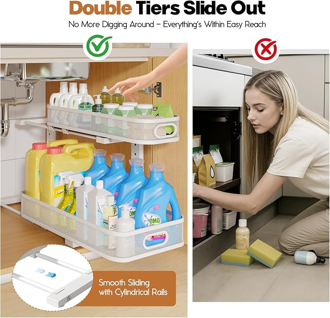 2 Pack 21.3IN-Depth Under Sink Organizer with Smooth Cylindrical Rail,2-Tier Pull Out Multi-Purpose Cabinet Storage for Bathroom&Kitchen,Height Adjustable,Rust-Resistant Coating-White - Image 3