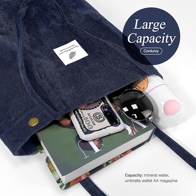 LHMTQVK Corduroy Tote Bags for Women, Large Capacity Tote Purse Reusable Grocery Shoulder Bag with Inner Pockets - Image 3
