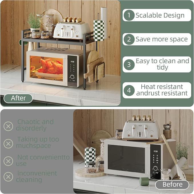 2 Tier Expandable Microwave Stand countertop,Microwave Oven Rack | microwave shelf with Paper Towel and Chopping Board Holder, storage shelf for pans &appliances,8 Hooks,55lbs max load,Black - Image 4