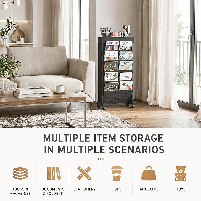 6-Tier Rolling Bookshelf Magazine Rack with Wheels Black | Mobile Bookcase, Book Storage File Folder Organizer Cart for Home Study Office Living Room Classroom - Image 6
