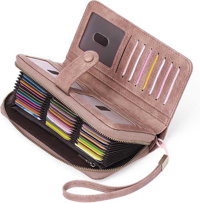 GAEKEAO Leather Credit Card Holder Wallet for Women RFID Blocking Large Capacity Bifold Zipper Card Case Organizer with Wristlet 45 Slots by GAEKEAO
