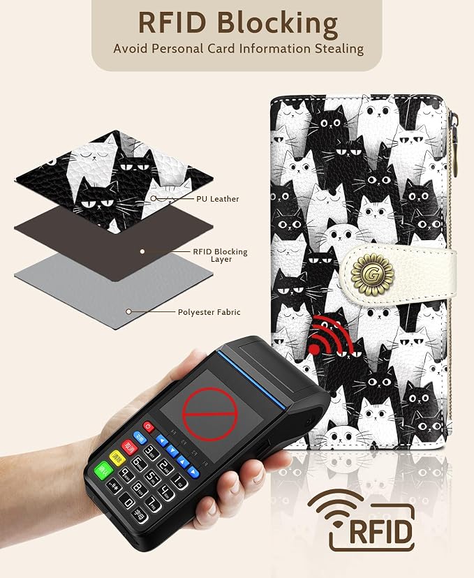 GIANCOMICS White Black Cat Womens Wallet RFID, Credit Card Holder Bifold | Billfold, Cute Cash Purse, Travel Zipper Coin Pocket, Compact Clutch, PU Leather, ID Window, 11 Card Slots, Ladies Gift Woman - Image 4