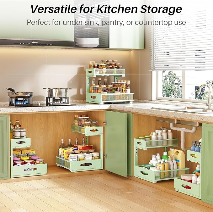 Under Sink Organizer, 1-Pack Pull Out Cabinet Organizer 2 Tier Metal Slide Out Storage Shelf Rack, L-Shaped Adjustable Height,Mesh Sliding Drawer for Kitchen, Bathroom, Laundry, Pantry, Green, XL - Image 9