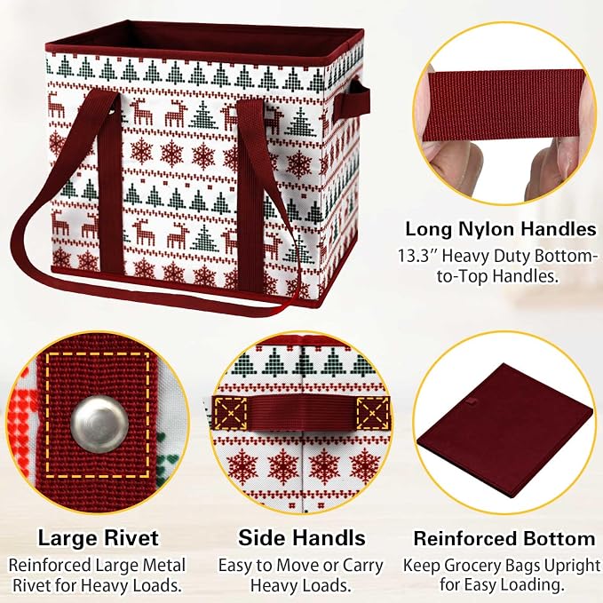 Reusable Grocery Bags 3 Pack - Heavy Duty Reusable Shopping Bags with Hard Bottom & Long Handles, Stand Up Grocery Boxes Reusable Foldable, 13x10.23x11in, Reindeers - Image 6