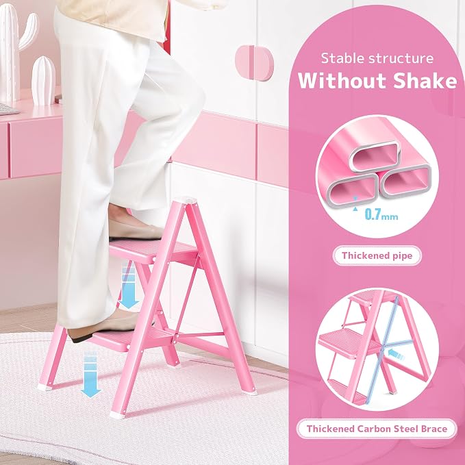 2 Step Ladder, Foldable Step Stool with Widened Pedal, Pink | Sturdy Carbon Steel, Anti-Slip Feet, Portable, 330LBS Capacity, Space Saving, for Kitchen, Bedroom, Pantry Use - Image 4
