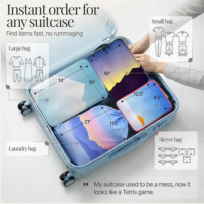 4-Piece Luxury Compression Packing Cubes & Bags for Travel – Maximize Space in Luggage with HybridMax Double-Capacity Design, 50 Luggage Tags, Patented Suitcase Organizer Bags, Lifetime Satisfaction - Image 3