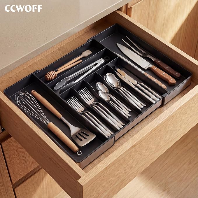 Silverware Drawer Organizer, 9 Slots Expandable Kitchen Drawer Organizer | Extra Large Utensil Holder & Cutlery Tray, Heavy Duty Stainless Steel Frame Flatware Organizer, Non-Slip Feet Included, Black - Image 7