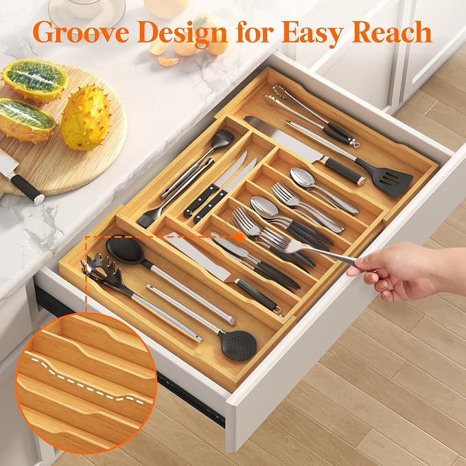 Lifewit Silverware Drawer Organizer, Wooden Utensil Tray for Kitchen | Expandable Flatware and Cutlery Holder, Adjustable Storage for Spoons Forks Knives, 17-28 x 18.5", Natural - Image 7