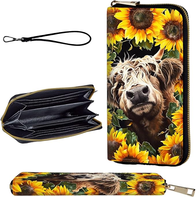 Wallet,Leather Long Wallet Suitable For Ladies And Teenagers - Detachable Wristband + RFID Travel Wallet With Card Slot - Highland Cow Sunflower by Unknown