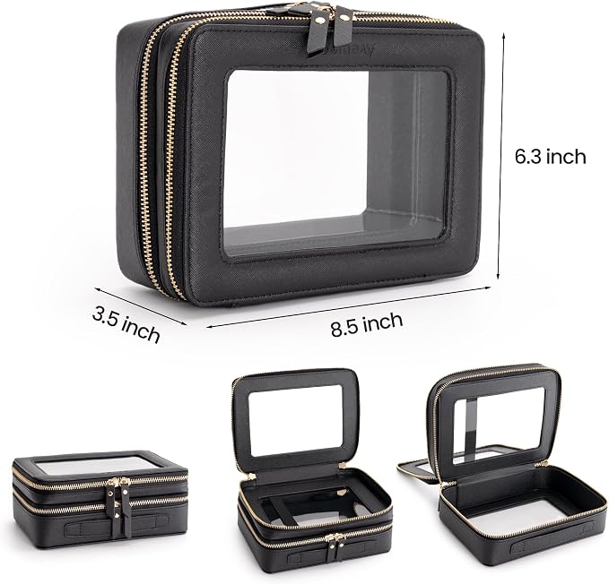 Aveniee Clear Makeup Bags,Double Layer Cosmetic Bags with Separate Brush Compartment,Large Travel Toiletry Bag Cosmetic Case,Travel Accessories Organizer for Women,2 Layers,Black - Image 2