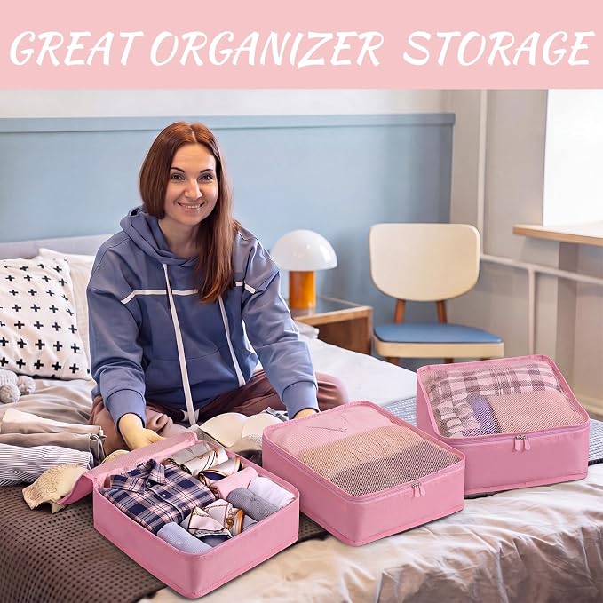 Silkfly 8 Pcs XL Packing Cube for Travel Luggage,Simple,Pink | 17.7 x 13 x 4.7, Same Size, Pink Suitcase Storage Organizer Set, Reusable Mesh Clothes Cube for Hiking Camp Family Accessory - Image 4