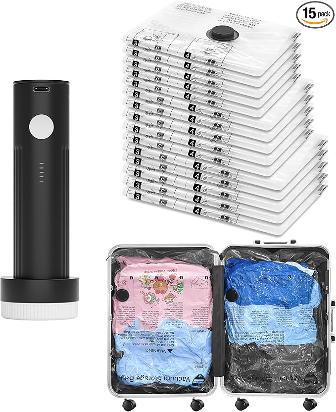 Vacuum Seal Bags for Clothing Travel and Home Storage, Travel Vacuum Bags with Electric Pump, Space Saver Compression Packing Cubes for Luggage Suitcase Bedding Blankets Clothes, 15 Combo by SUOCO