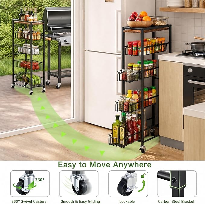 5-Tier Slim Rolling Cart Kitchen Utility Cart, Narrow Kitchen Cabinet with 4 Pull-Out Baskets - Versatile Rolling Storage Cart for Spices, Pantry & Bathroom Organization - Image 4
