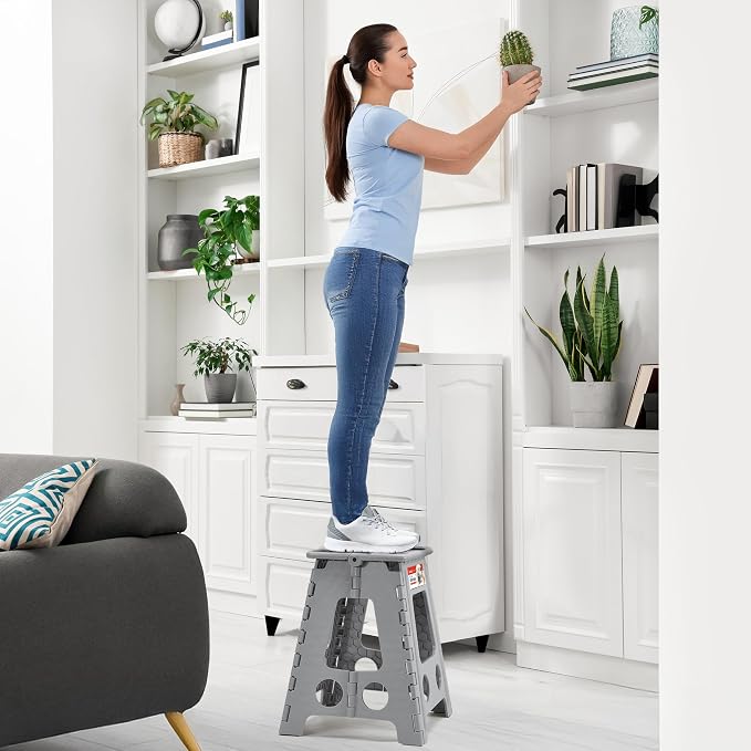 16 Inch Folding Step Stool, Heavy Duty, 400 lbs, Grey | Lightweight Collapsible Stepping Stool for Adults with Handle, Non-Slip, for Kitchen, Bathroom, Bedroom and Outdoor Use - Image 7